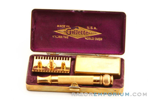 1910's Gillette Comb Ball End Old Type Razor 24K Gold w/ Case and Blade Bank