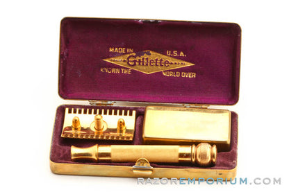 1910's Gillette Comb Ball End Old Type Razor 24K Gold w/ Case and Blade Bank