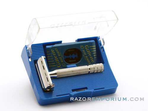 1951 W2 Gillette Black Tip Double Edge Super Speed Set w/ Case & Blue Blades