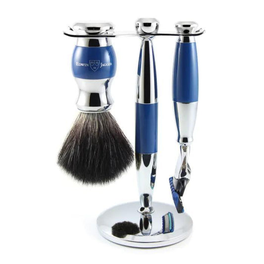Edwin Jagger | Gillette® Fusion® ProGlide® Razor Shaving Set Blue & Chrome 3pc (Black Synthetic)