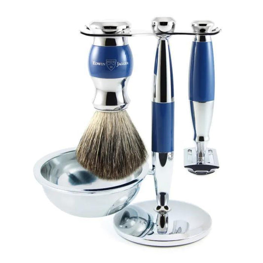 Edwin Jagger | Double Edge Safety Razor Shaving Set Blue & Chrome 4pc (Black Synthetic)