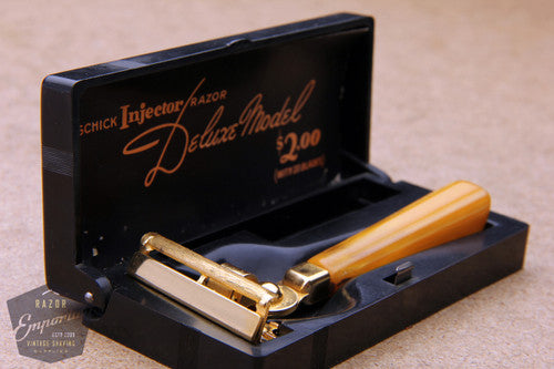 Schick 1940's Deluxe Model Injector with Yellow Bakelite Handle & Black Case