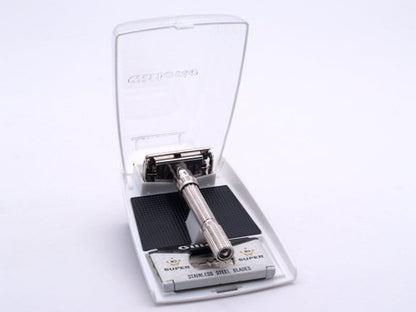 1962 H1 Gillette Slim Adjustable DE Safety Razor Nickel w/ Black Case & Blade Bank