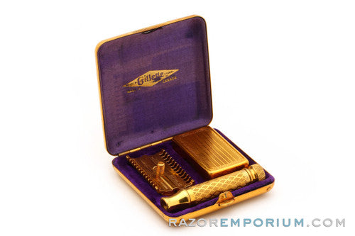 1920's Gillette New Improved Gold Tuckaway Travel DE Safety Razor Set