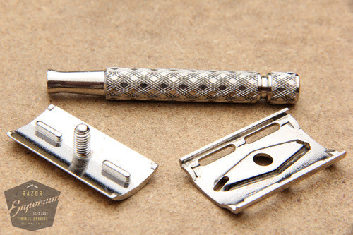Gillette 1960's Spiral Handle Ball End Tech Safety Razor w/ Blue Case - Made in England