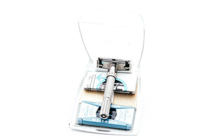 1962 H2 Gillette Slim Adjustable DE Safety Razor w/ Gold Case & Blade Bank