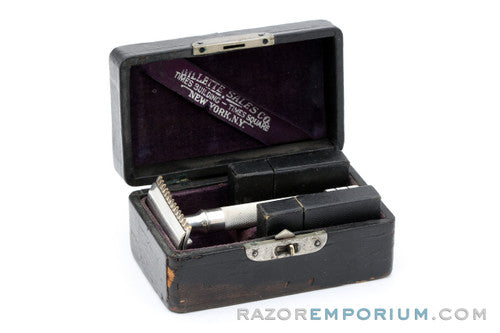 1912 Gillette Single Ring DE Safety Razor Set in Leather Case w/ Blade Banks