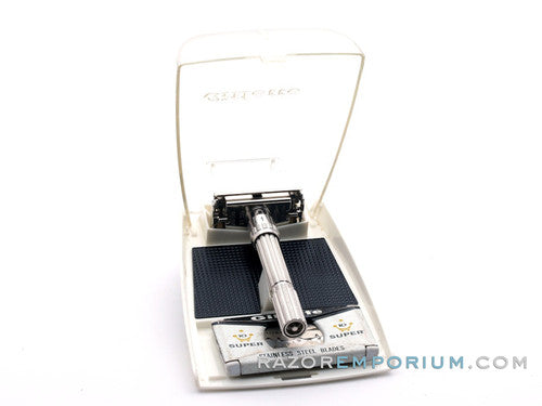 1966 L4 Gillette Slim Adjustable Safety Razor Nickel w/ Black Case & Blade Bank