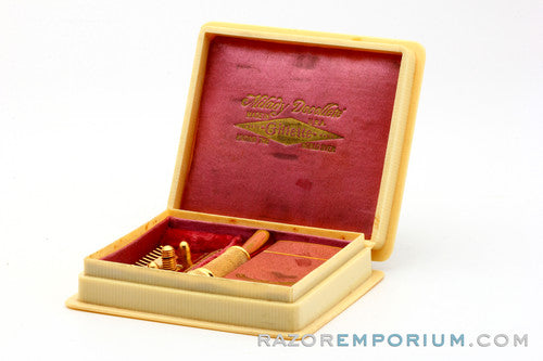 1918 Gillette Milady Decollete Old Type Safety Razor in White Case 24K Original Gold w/ Blade Bank