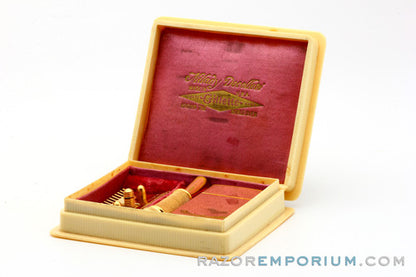1918 Gillette Milady Decollete Old Type Safety Razor in White Case 24K Original Gold w/ Blade Bank