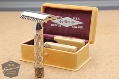 Gillette 1910 Silver New Standard DE Safety Razor in French Ivory Case
