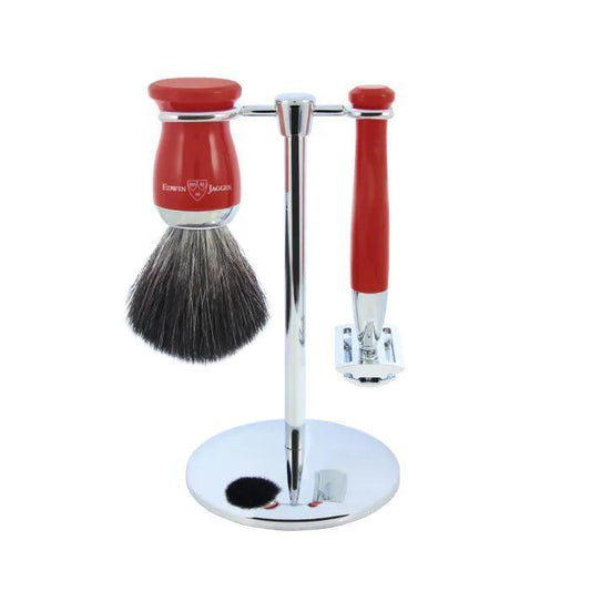 Edwin Jagger | Double Edge Safety Razor Shaving Set Red 3pc (Black Synthetic)