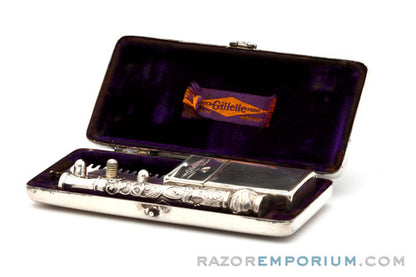 1909 Gillette Silver OLD Type ABC Pocket Edition Floral Handle - Open Comb DE Razor Set