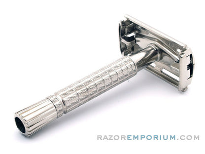 1960 F2 Regular Super Speed Flair Tip DE Safety Razor Set Nickel w/ White Case & Blade Bank