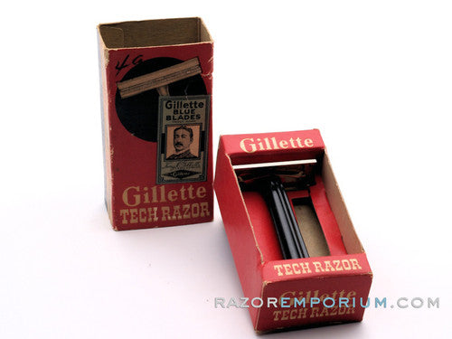 1952 X2 Gillette Black Handle Tech DE Razor in Original Red Box w/ Blades