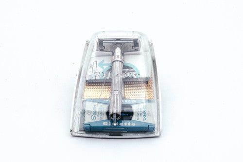 1962 H2 Gillette Slim Adjustable DE Safety Razor w/ Gold Case & Blade Bank