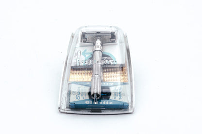 1962 H2 Gillette Slim Adjustable DE Safety Razor w/ Gold Case & Blade Bank