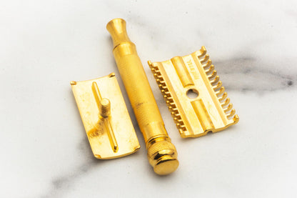 1930's Gillette NEW Ball End Long Comb Double Edge Safety Razor Set | 24K Gold Revamp
