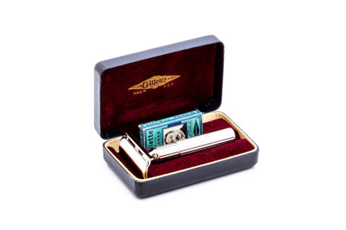 1947-51 Gillette Fat Handle Tech Safety Razor with Case & Blue Blades | Nickel Revamp