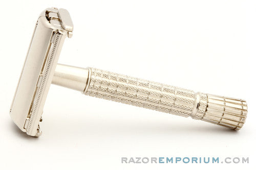 1959 E2 Regular Super Speed Flair Tip DE Safety Razor Set Nickel w/ White Case & Blade Bank & Instructions