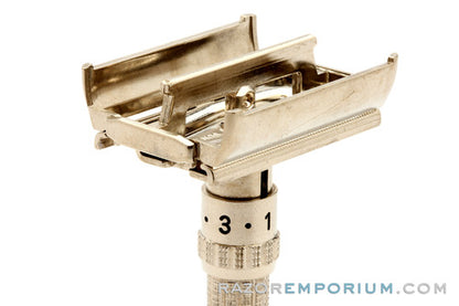 1960's Gillette Slim Adjustable DE Safety Razor Nickel w/ Gold Case & Blade Bank & Instructions