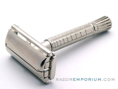 1960 F2 Flair Tip Super Speed DE Safety Razor Set Nickel w/ White Case & Blade Bank