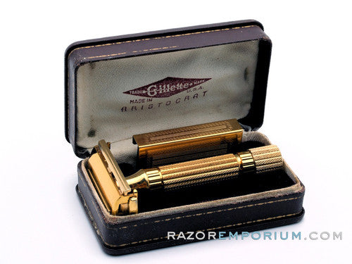1948-1951 Gillette Aristocrat DE Safety Razor W/ Leather Case & Blade Bank | Original Gold Plating