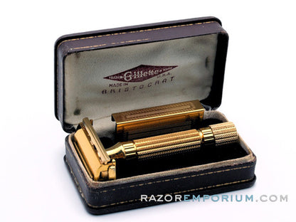 1948-1951 Gillette Aristocrat DE Safety Razor W/ Leather Case & Blade Bank | Original Gold Plating