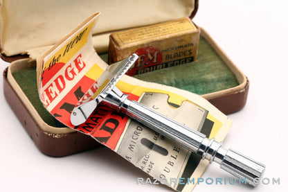 1930's GEM Micromatic Razor Single Edge TTO in Brown Case w/ Instructions