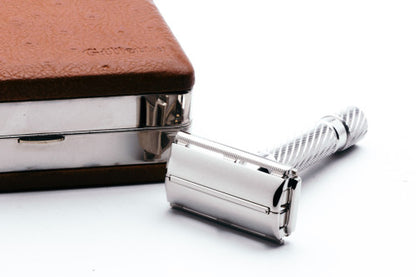 1948 Gillette Executive Double Edge Safety Razor Set w/ Ostrich Leather Case, Blade Bank, and Original Box