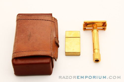 1941 Gillette Gold Regent Tech w/  Leather Case and Original Blade Bank