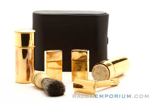 1917 Gillette Original Gold Single Ring Travel Set in Black Leather Case with Script Logo, 2 Blade Banks, & 2 Canisters