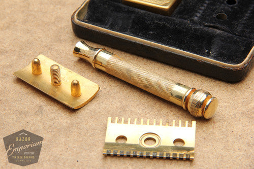 Gillette 1930's Gold Ball End Old Type Style DE Razor in Black Leather Case