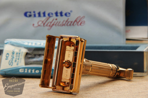 Gillette 1958 Gold Toggle Adjustable DE Safety Razor Set w/ Case & Instructions - D1 - NOS