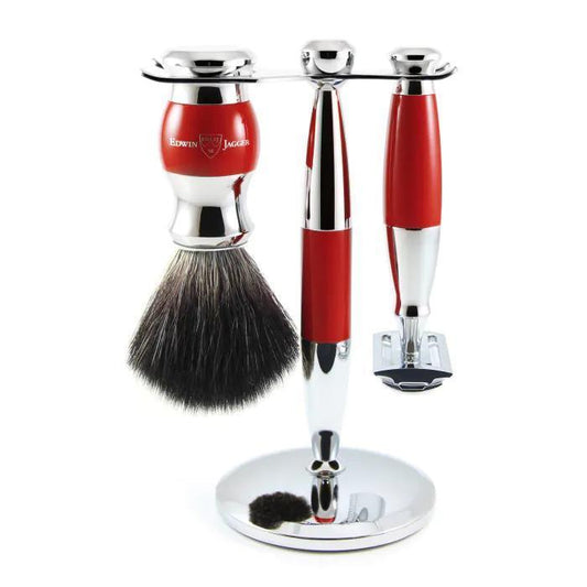 Edwin Jagger | Double Edge Safety Razor Shaving Set Red & Chrome 3pc (Black Synthetic)