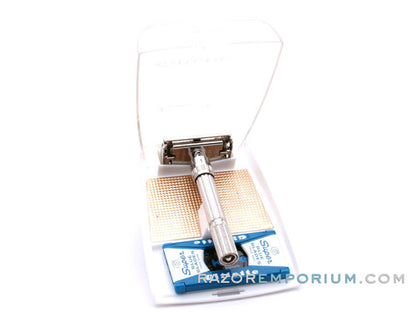 1965 K3 Gillette Slim Adjustable DE Safety Razor Nickel w/ Gold Case & Blade Bank