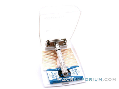 1965 K3 Gillette Slim Adjustable DE Safety Razor Nickel w/ Gold Case & Blade Bank