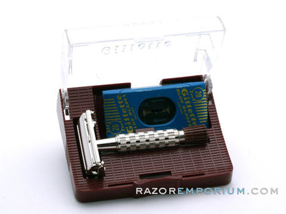 1950's British Gillette Heavy Red Tip DE Super Speed Safety Razor w/ Case & Blade Bank | Made in England | RARE