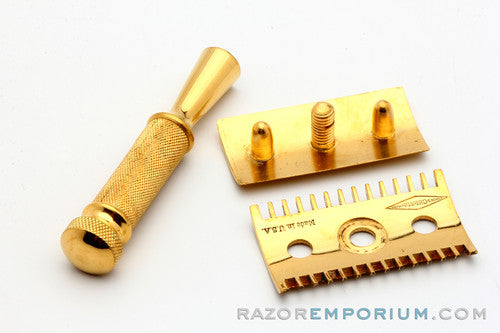 1918 Gillette Milady Decollete Old Type Safety Razor in White Case 24K Original Gold w/ Blade Bank