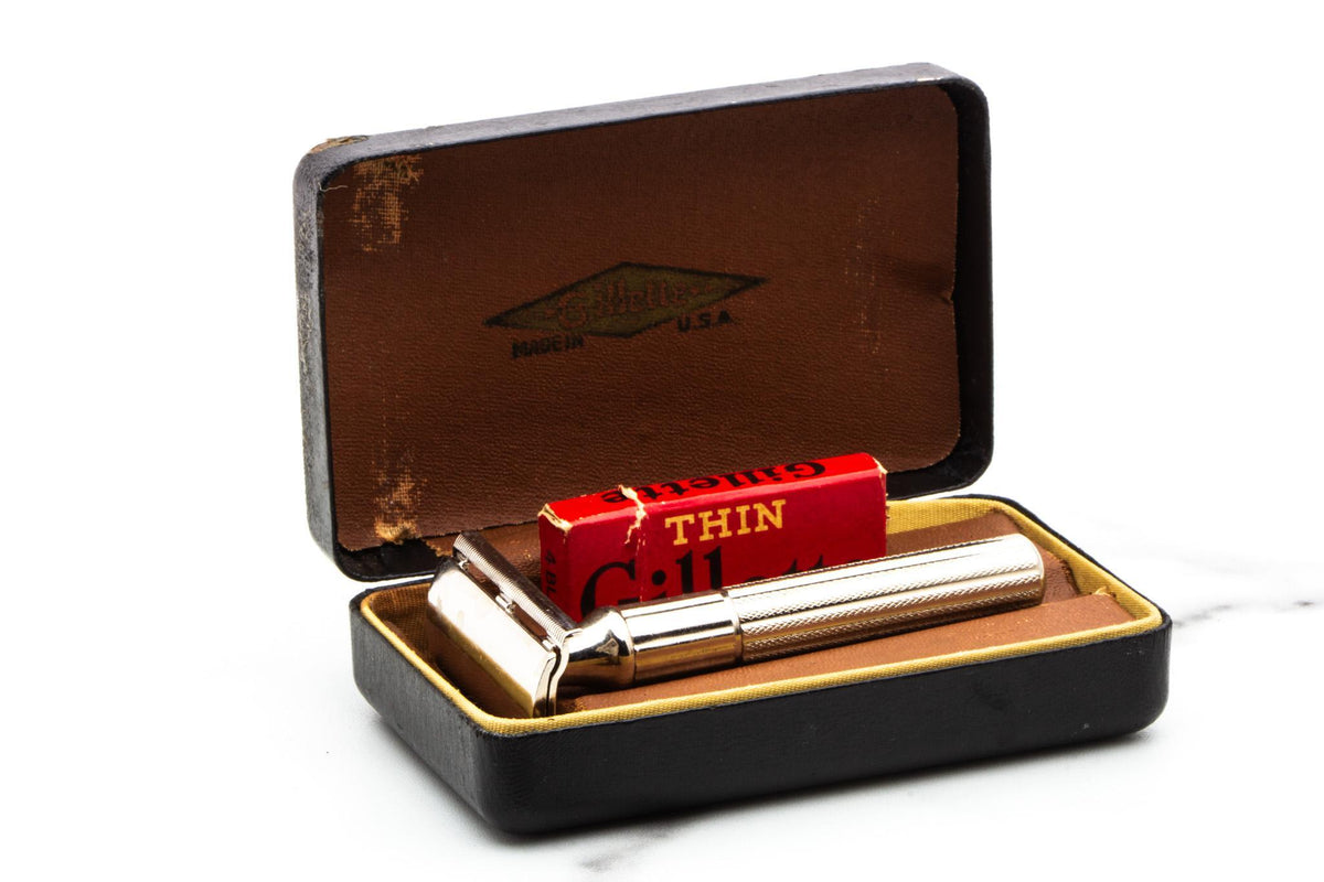 1947-51 Gillette Fat Handle Tech Thee Piece Double Edge Safety Razor Set | Original Condition