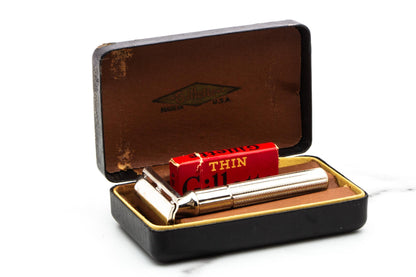 1947-51 Gillette Fat Handle Tech Thee Piece Double Edge Safety Razor Set | Original Condition