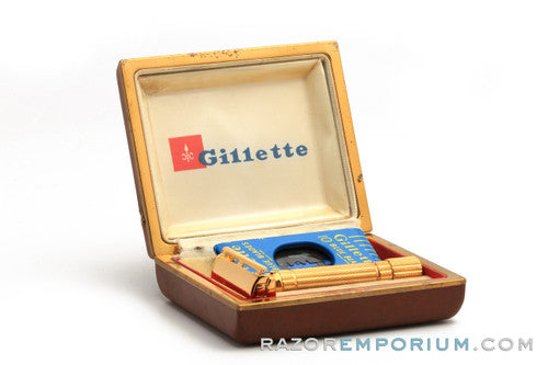 1955 Gillette Diplomat Gold Double Edge Safety Razor in Original Case w/ Blue Blades