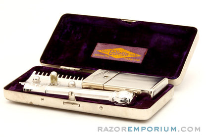1918 Gillette Silver ABC Pocket Edition Lined Handle Set w/ Metal Case & Blade Bank | Old Type