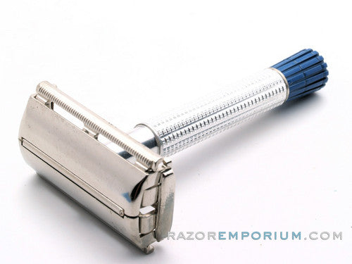 1959 E2 Gillette Blue Tip Light DE Super Speed Razor Nickel Set w/ Case, Instructions, & Blade Bank