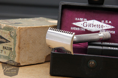 Gillette 1920 Single Ring Old Type Set in Leather Case w/ Blade Banks