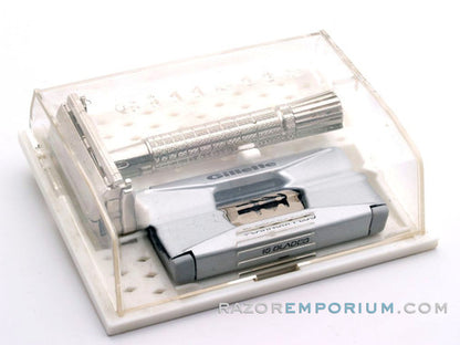 1960 F2 Flair Tip Super Speed DE Safety Razor Set Nickel w/ White Case & Blade Bank