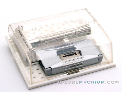 1960 F2 Flair Tip Super Speed DE Safety Razor Set Nickel w/ White Case & Blade Bank