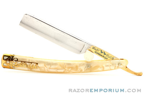 5/8" Dubl Duck Pearlduck Goldedge w/ Gold Inlay Celluloid Scales Straight Razor | Solingen, Germany