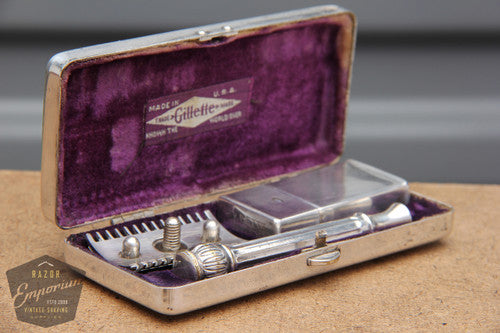 Gillette 1911 Silver ABC Pocket Edition- Basket Weave  - Old Type Open Comb DE Razor Set