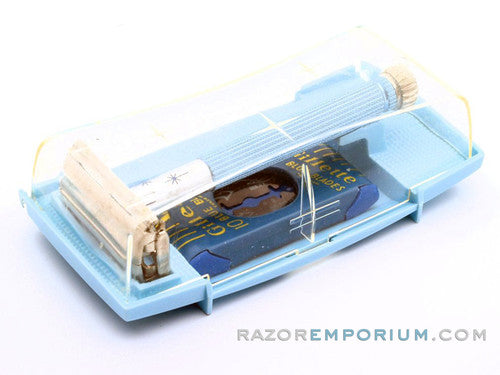 1965 Gillette K3 Blue Star Lady DE Safety Razor w/ Case & Blade Bank